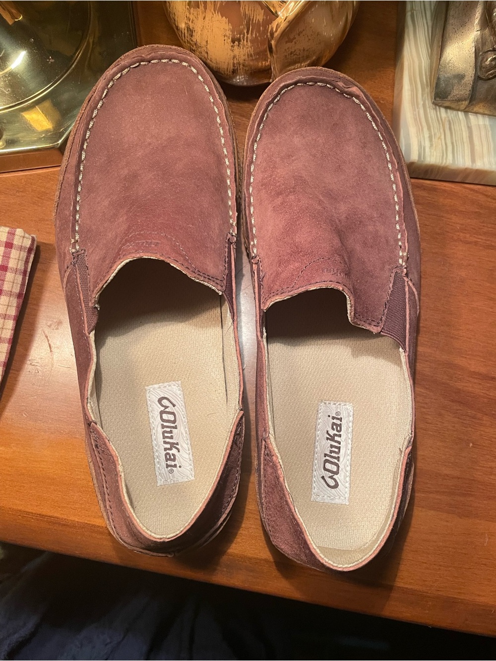 Olukai Men's Slip-On Suede Loafers in Chestnut Brown